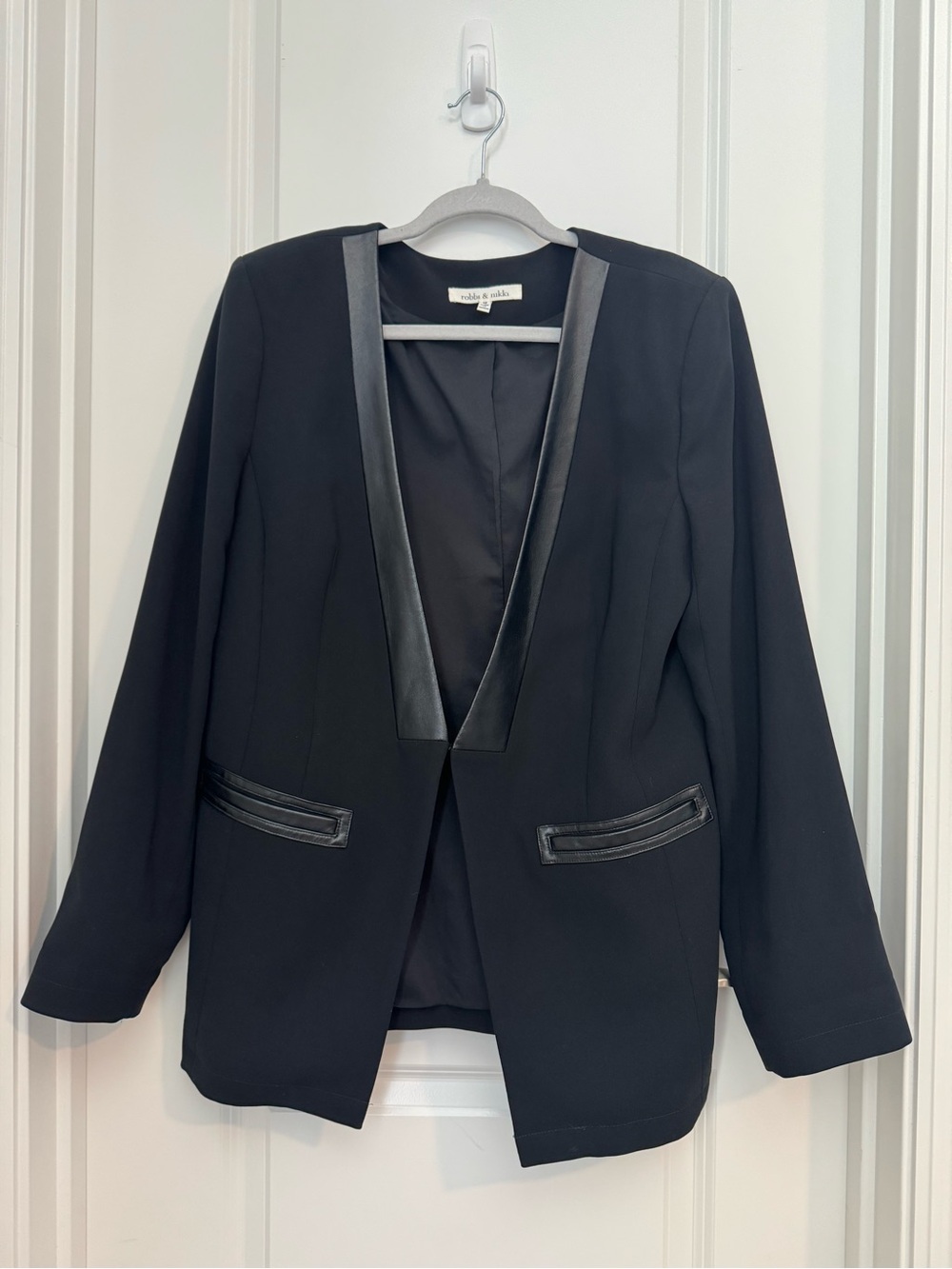 robbi & nikki Women’s Size 12 Black Blazer Padded Shoulders, Faux Leather Accent
